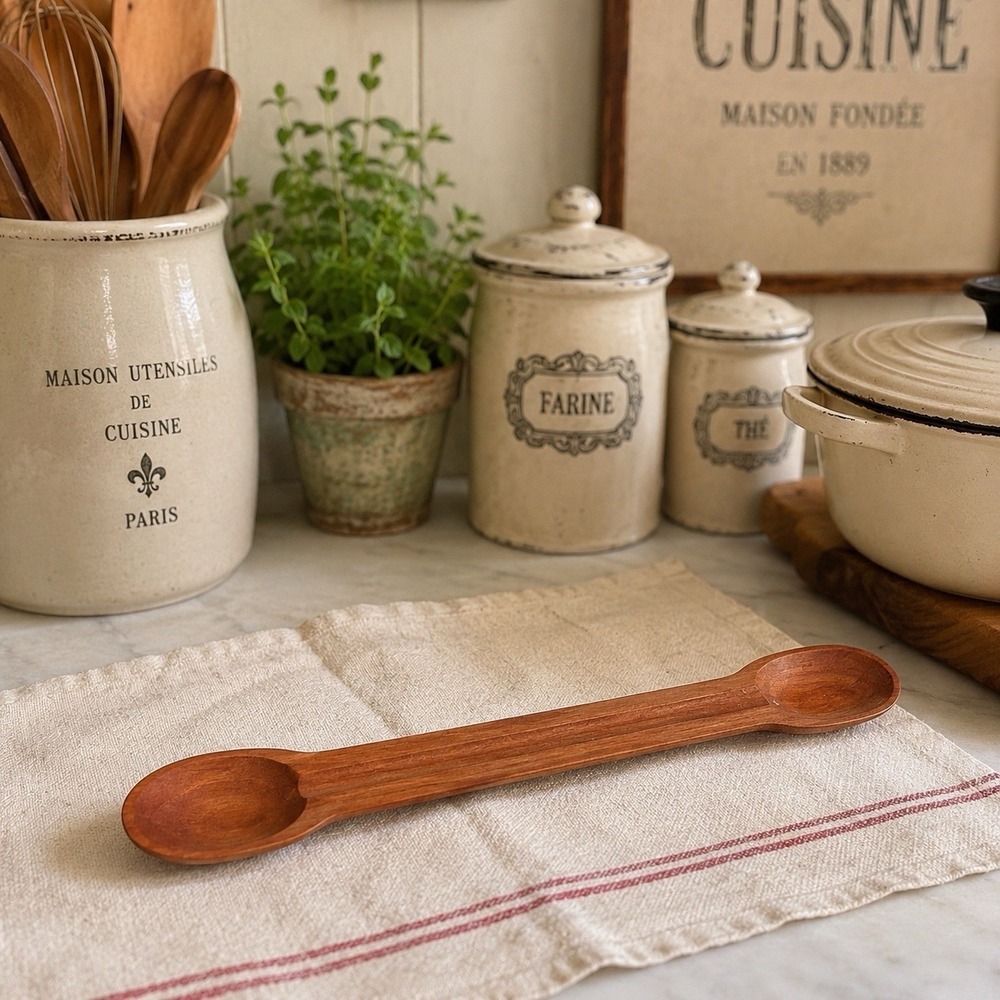 Vintage French Cherry Wood Tasting Spoon Hand Carved Soup Sauce Stirrer 14 Inch